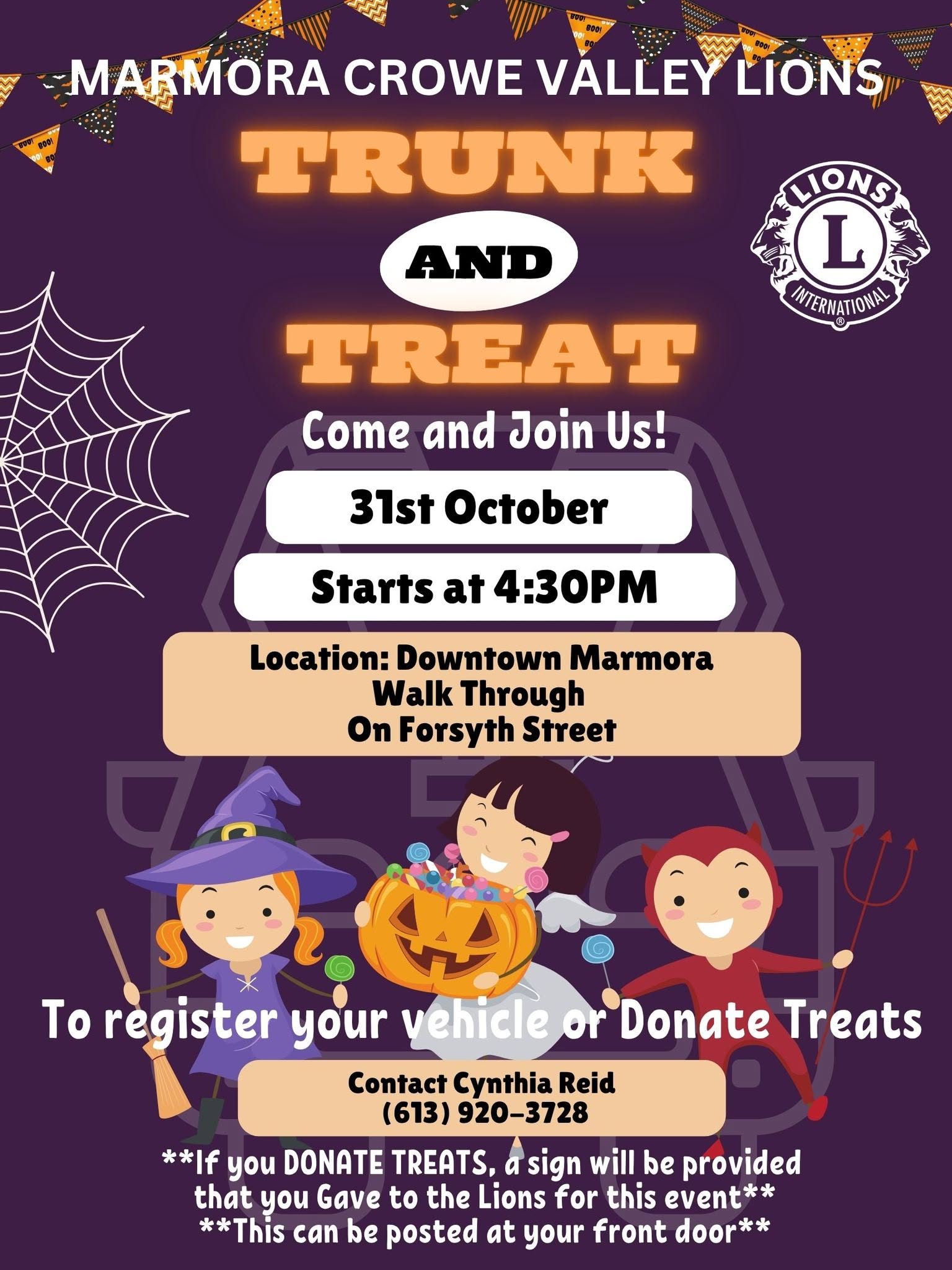 Marmora Lions Trunk or Treat Poster, little cartoon people dressed in costumes.