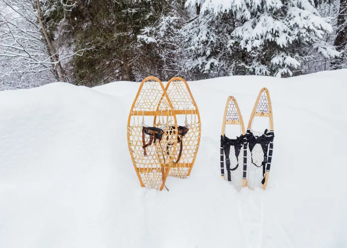 Traditional Snowshoes placed in a snowbank in Hastings County, Ontario