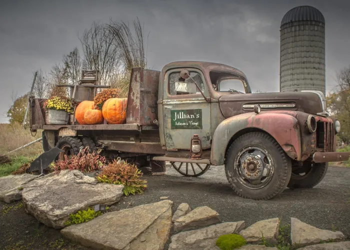 Old Rusted Truck with pumpkins in the truck bed outside Jillian's Antiques and Things in Marmora, Ontario