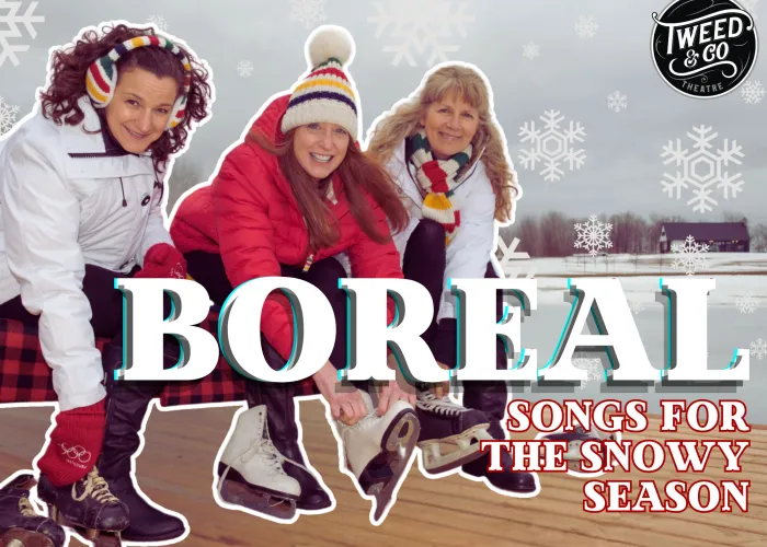 Boreal Songs for the Snowy Season Poster. Three women sit tying up ice skates on a wood dock with ice in the background.