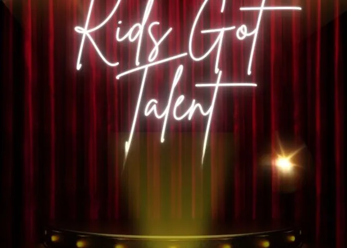 Kids Got Talent Poster. A stage is shown with red curtains and lights and the words Kids Got Talent is displayed.