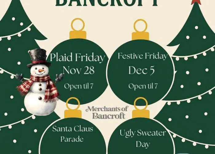 Downtown Bancroft holiday events image with dates and times and christmas decoration images