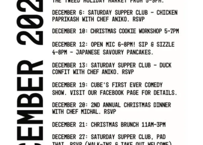 list of events for cube coffee bar in december
