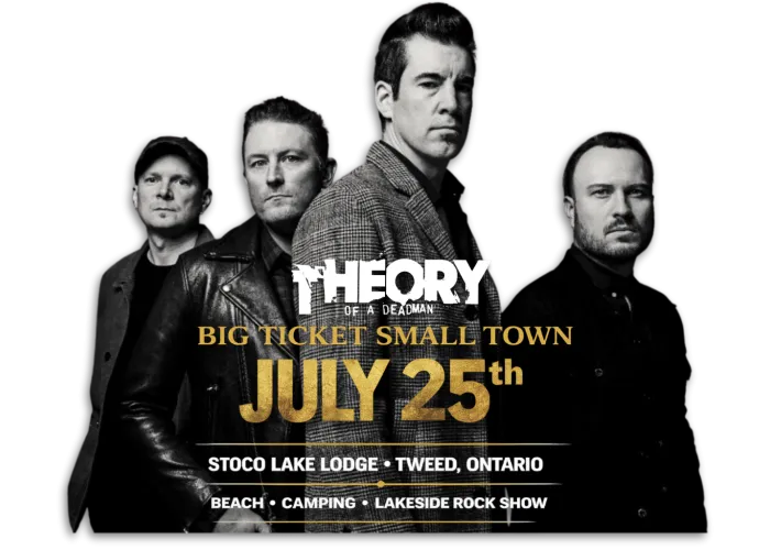 Band members of Theory of a Deadman pose behind details of the weekend event