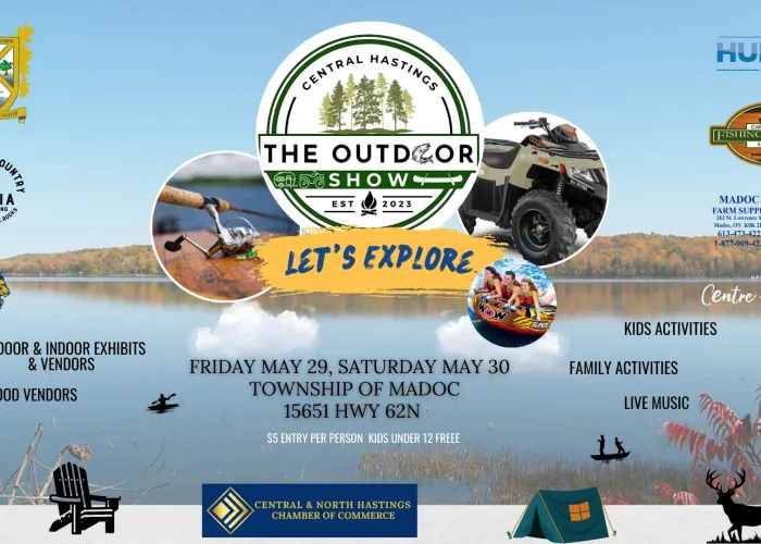 outdoor show logo and event details over photo of lake with forest in background