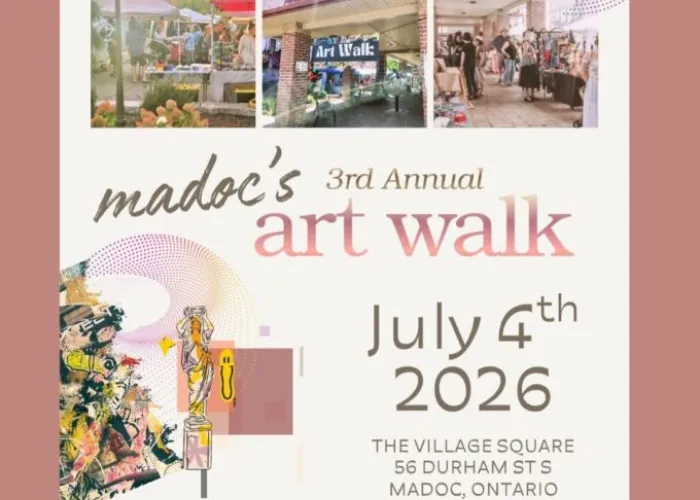 three images of the Village Square above event details and abstract art