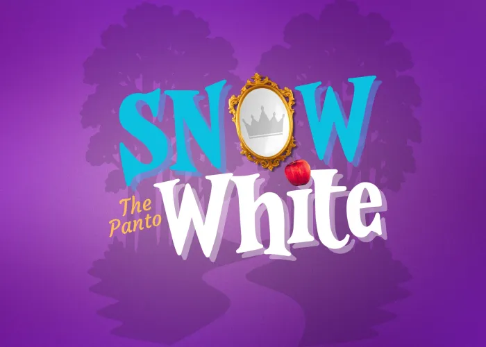 Purple background, shadow of two trees, title of panto, mirror and apple in text