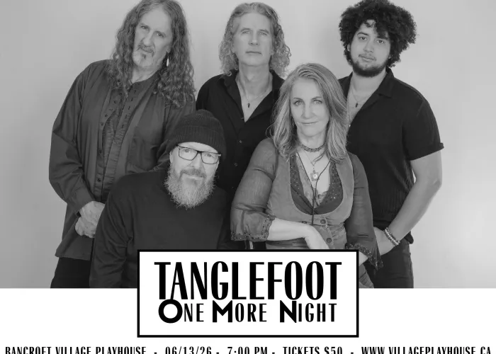 Five band members posing together in front of grey back drop, event details in front