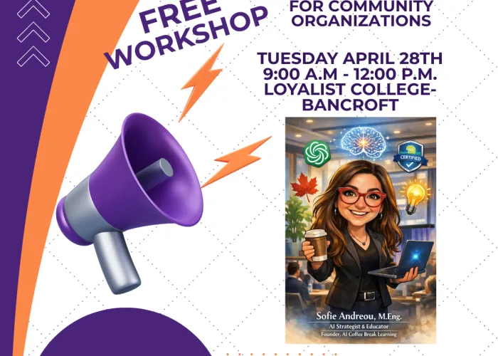 Leveraging the Power of A.I. Workshop Poster. Poster has a 3D megaphone and a 3D person holding a coffee.