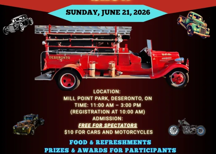 Event name and details, old firetruck, cartoons of classic cars