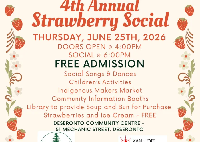 Event name and details surrounded by cartoon strawberries, leaves, and daisies
