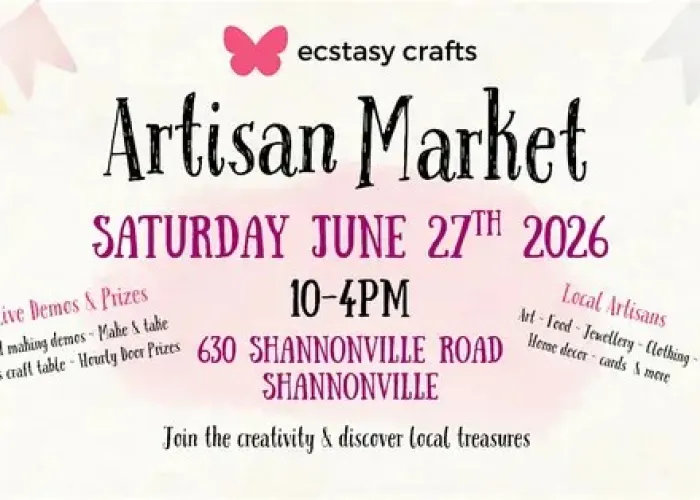 Event details, beige background, cartoon paper banners in corner