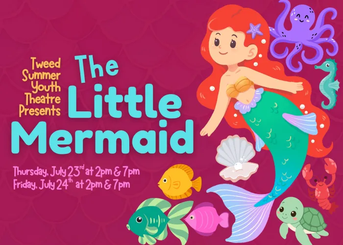 event details and cartoon of a young, red-headed mermaid surrounded by sea creatures