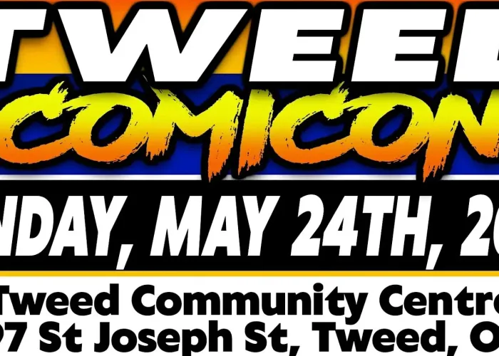 Orange, blue, red background, with event details
