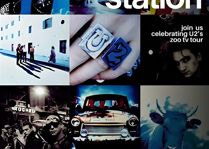Twelve squares with different images including band images, cow, car, ring, name of band in white writing