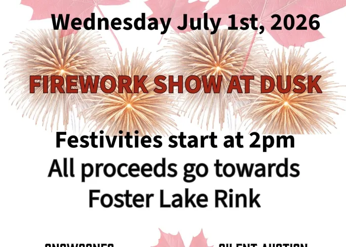 Maple leaves and fireworks in background, event details in foreground