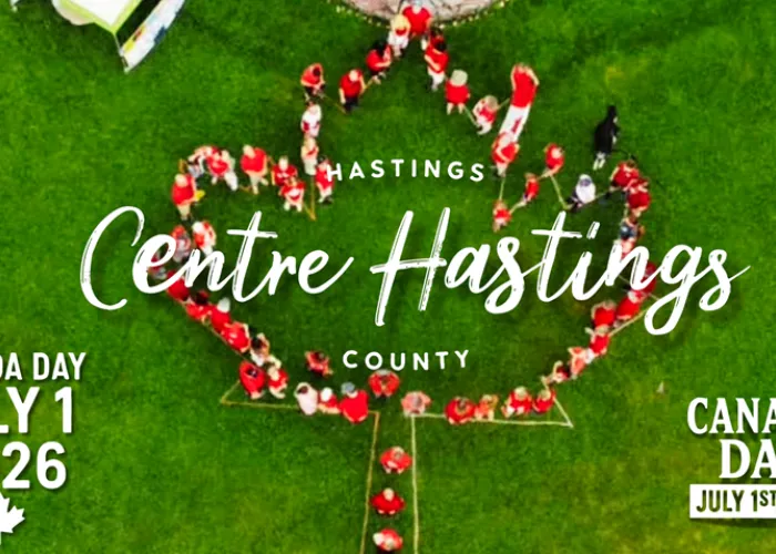 People dressed in white and red standing in the shape of a maple leave on a lawn, event name and details