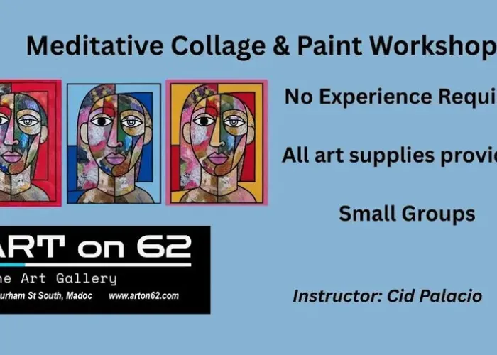 blue background, three abstract paintings of a face, event and venue details
