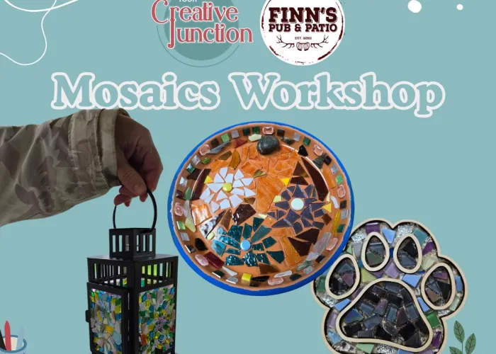 Creative Junction & Finn's Patio logos, event name, photos of different mosaic works
