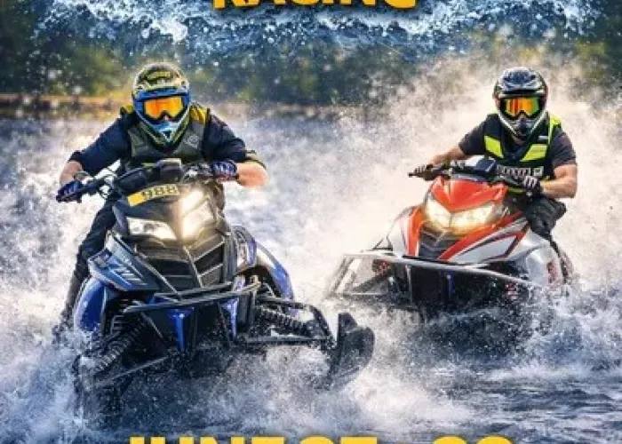 Two watercross racers on water, event name and date