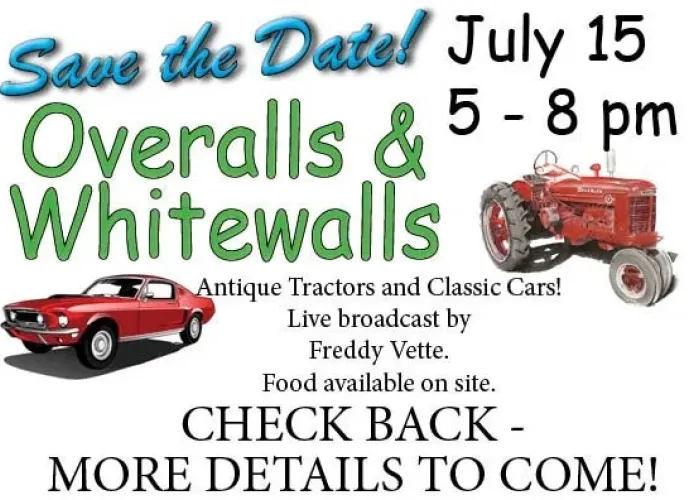 Cartoon of classic car and old tractor, event name and details