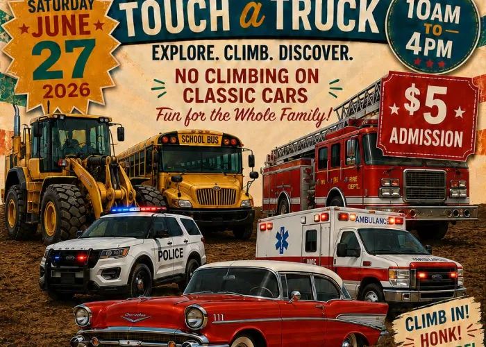 Event name and details, images of  tractor, school bus, fire truck, ambulance, police vehicle and a classic car
