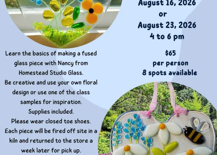 Two photos of fused glass suncatchers, blue background, black text providing event details