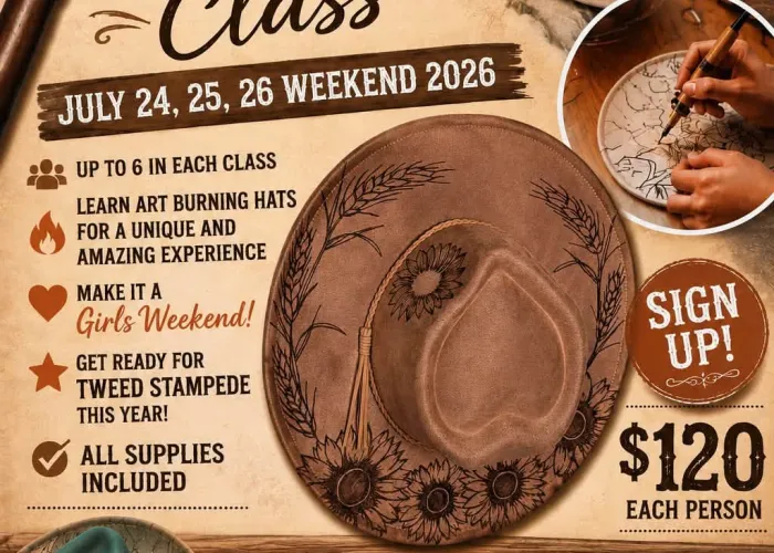 Several cowboy style hats with designs burned into them, sunflowers in left corners of poster, crafting materials at bottom, event details