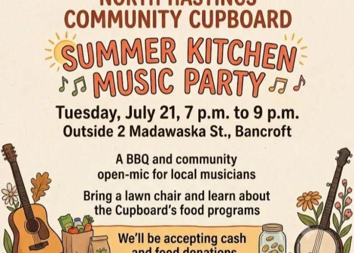 Cartoon Guitar and banjo in bottom corners with flowers and leaves surrounding them, food and coins, event details
