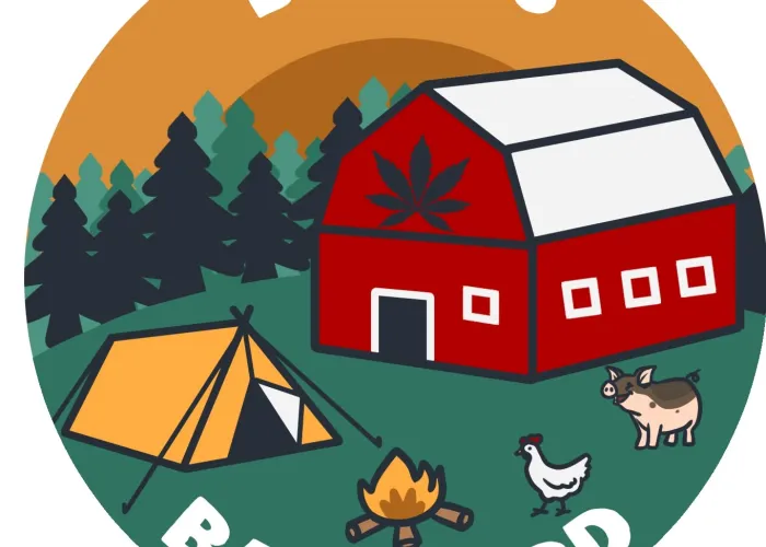 Cartoon logo in circle shape, beige sky, red barn with white rood, leaf on front, yellow tent, campfire, chicken and cow, name of business