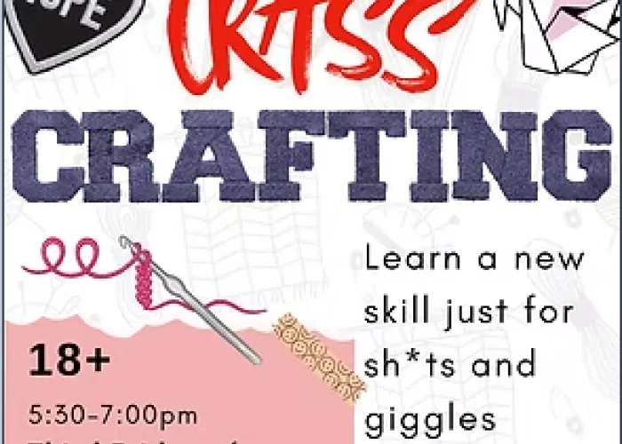 Event details, white and pink background, images of crafting materials, crochet, etc.
