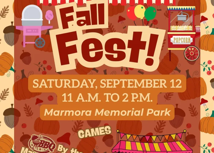 Beige and brown background, acorns, pumpkins, leaves in background, cartoons of carnival tent, carnival booths, cotton candy and popcorn carts, organizer logos, event info