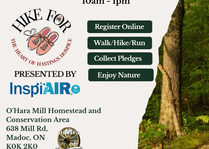 Poster with details of event, photo of tree and trail in forest, logos for involved organizations