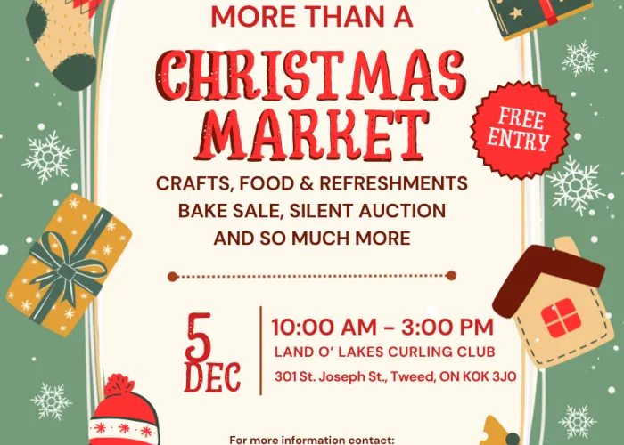 Green border, beige background, snow flakes, presents, stockings, snowman, decorated tree around border, event details