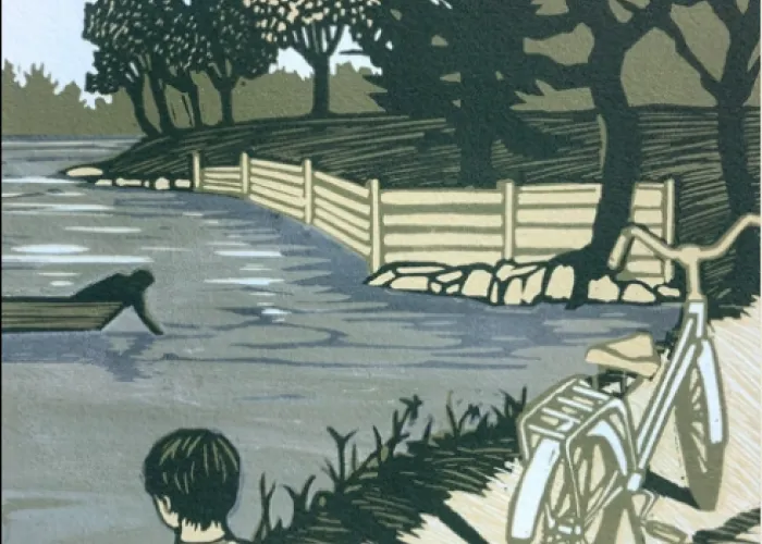 artistic scene in green and blue shades, scene of person beside bike watching person in boat in water, trees and fence in background