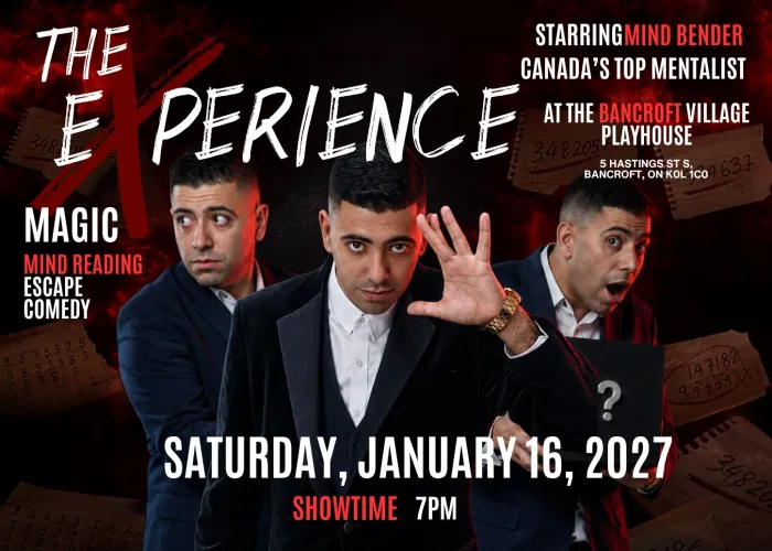 Three images of Mind Bender in a suite, dark background with numbers written on paper, red and black colour scheme, event details