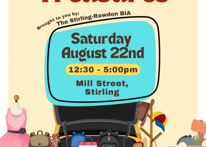 Car trunk with various items in and surrounding it (musical instruments, apparel, etc.) beige and blue colour scheme, event details
