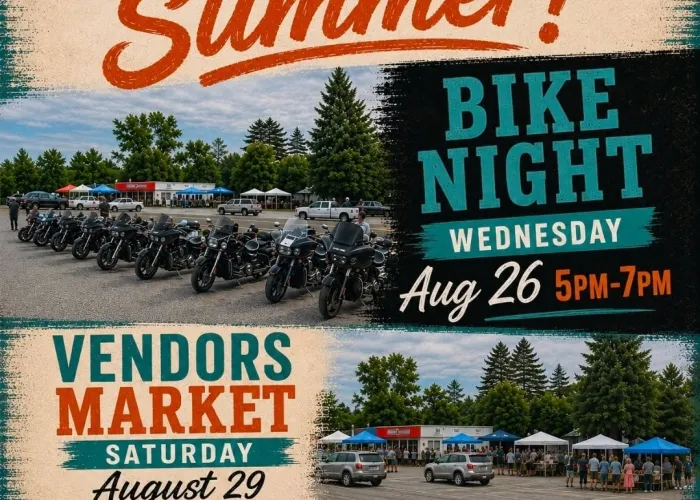 Poster, photo of line of motorcycles outside beside information for bike night event, photo of outdoor vendor stalls next to information about vendors market, venue information and logo