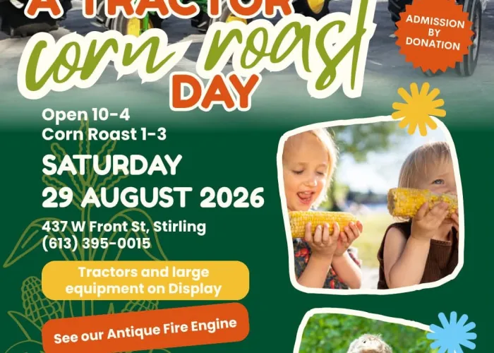 Photo of three tractors in front of Farmtown Park building, photos of children eating corn on the cob and driving tractor, event details