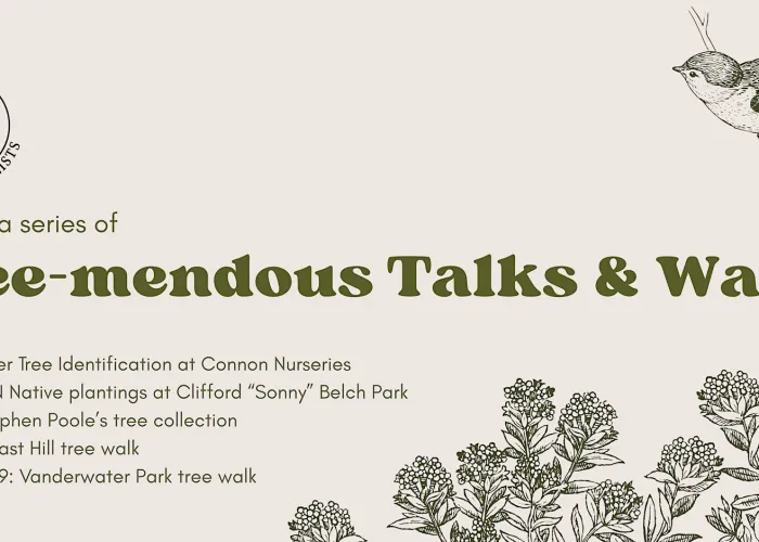 Grey background, black drawing of bird on branch and flowers, event details, host logo of blue heron standing in water