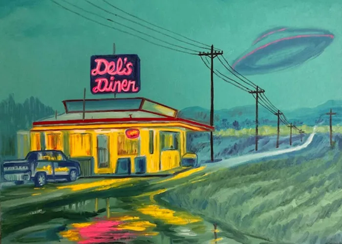 Painting of lit up yellow diner at dusk, fields surrounding, hydro lines, ufo in sky
