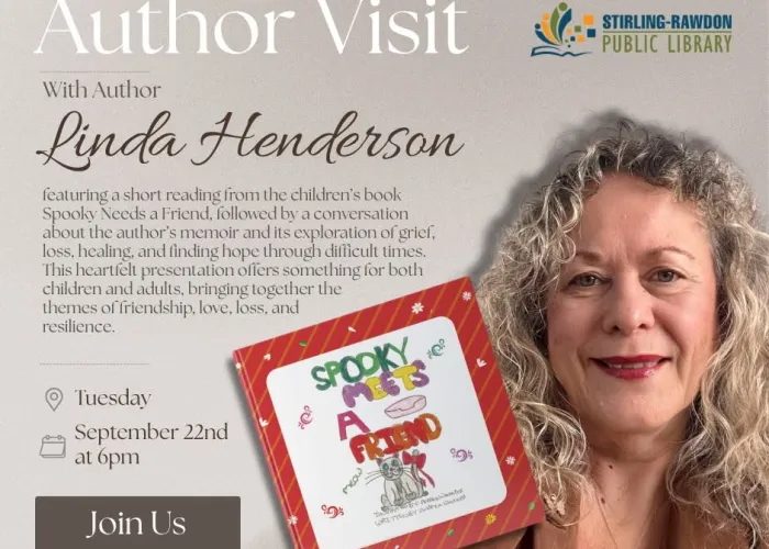 Photo of Linda Henderson and her book, event details, Stirling-Rawdon Library logo, grey background