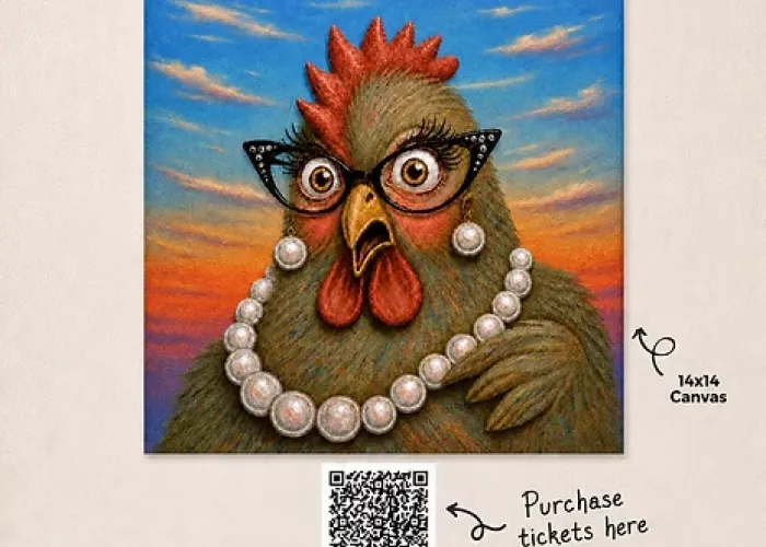 Painting of chicken wearing glasses, pearl earrings, and pearl necklace, sunset in background, grey border, event details, venue and organizer logos, qr code