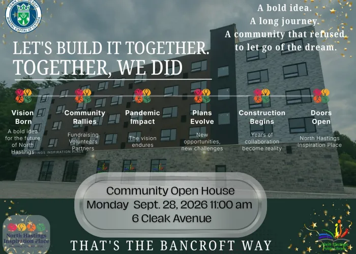 Photo of brick building in background, timeline in foreground with description of significant events, logos of sponsors, event details