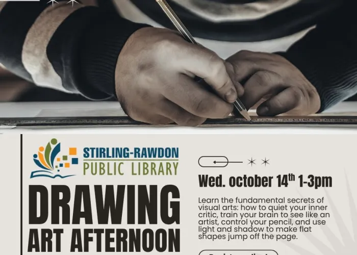 Photo of hands holding a pencil on top of page, white background on bottom, colourful library logo, event details