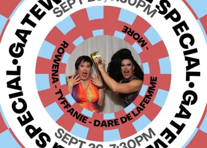 Round photo in centre of two drag performers, text in circle around centre with event details, red and blue colour spokes coming out from centre