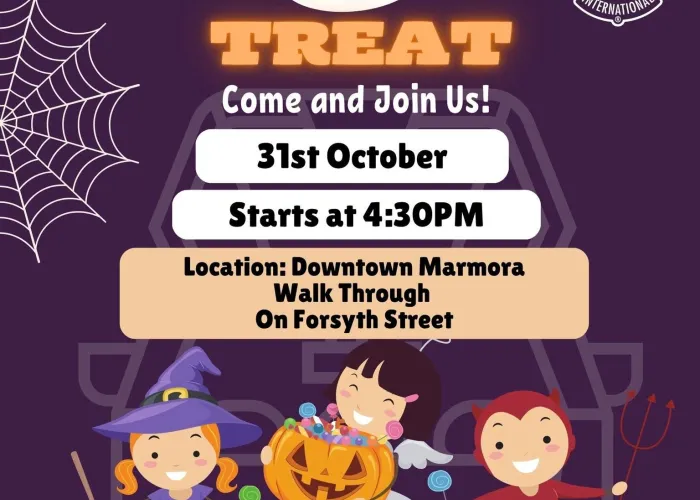 Purple background, cartoon figures of three children in costumes along bottom, orange and purple banners along type, spider web on left, lions logo on right, event details in centre