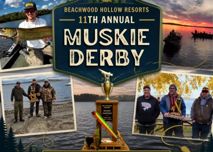 One photo of person holding fish with lake in background, two photos of people holding trophies, one photo of person on boat with sun setting in background, Trophy in centre of photo, lake in background, event details