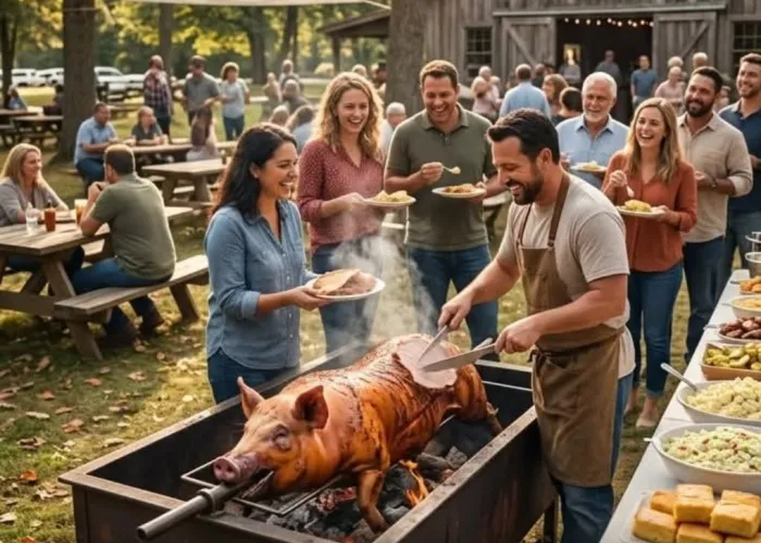 AI poster, pig on a spit over a charcoal bbq, outdoor event with people holding plates, sitting at picnic tables in front of a barn, banner with Limerick Community events between trees, event details over top of ai picture