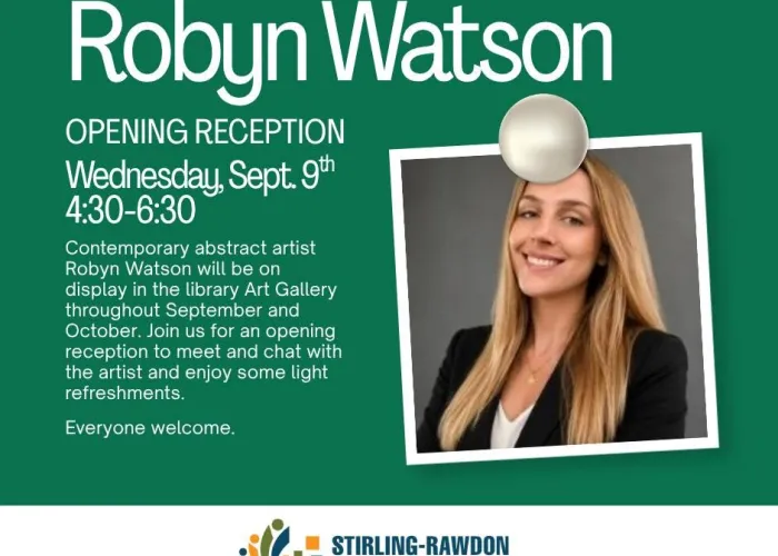 Photo of Robyn Watson, cartoon tack holding up photo, green background, white text describing event details, white along bottom of image with library logo of book with colourful pages and floating squares and circles
